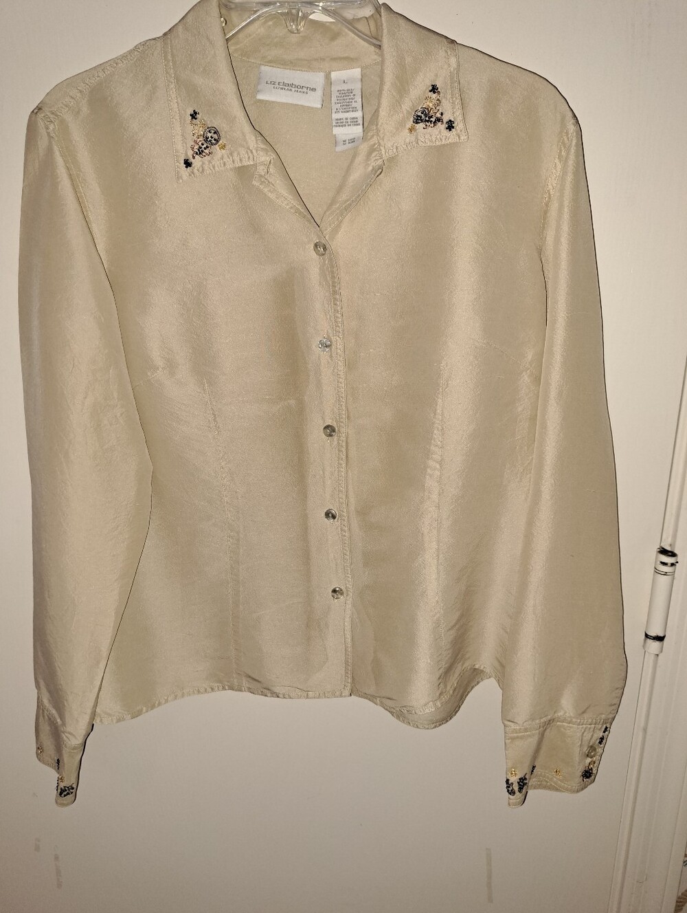 Liz Claiborne Cream Button-Front Blouse with Embroidered Collar